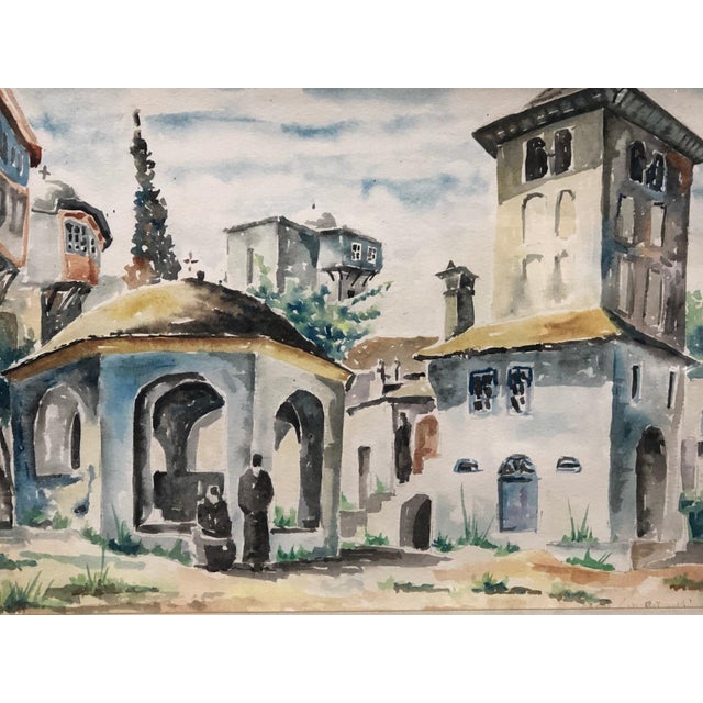 This original antique Ottoman watercolor painting beautifully depicts a serene townscape with white buildings, capturing...