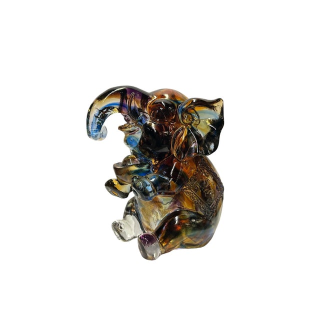 2020s Pair Mixed Color Crystal Glass Fengshui Fortune Trunk Up Elephant Statues For Sale - Image 5 of 10