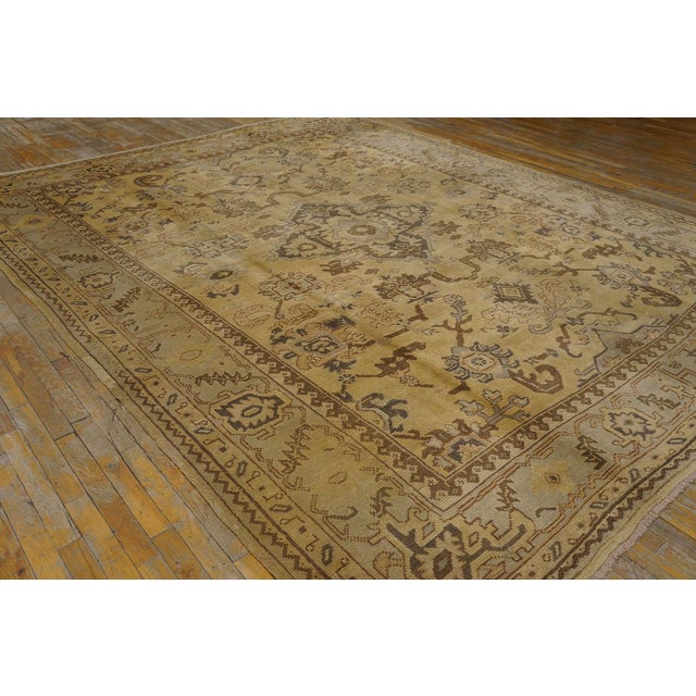 Traditional 1920s Tan Beige Medallion Antique Turkish Decorative Oushak Rug 9'3" X 11'10" Handknotted Wool Carpet For Sale - Image 3 of 14
