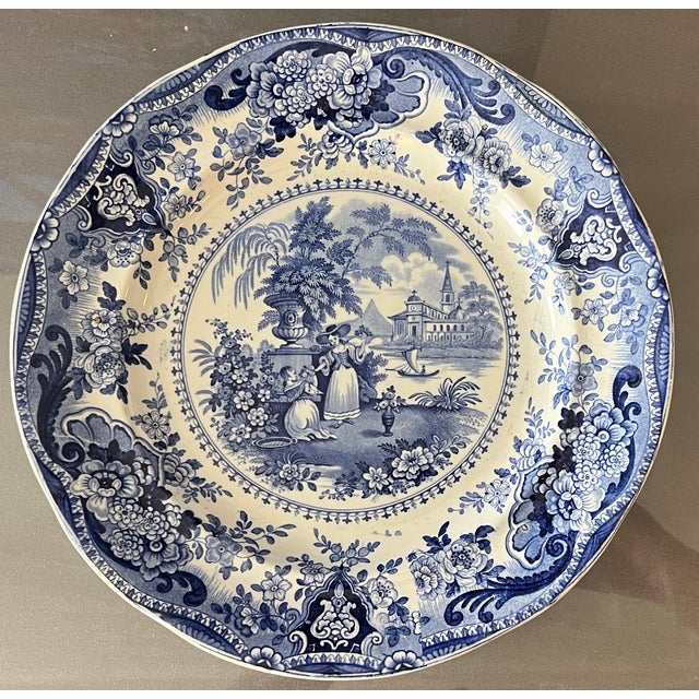 Antique 19th Century English Regency Staffordshire Blue Transferware Dinner Plates - Italian Buildings by Ralph Hall Circa 1825 - Set of 5 For Sale - Image 9 of 17