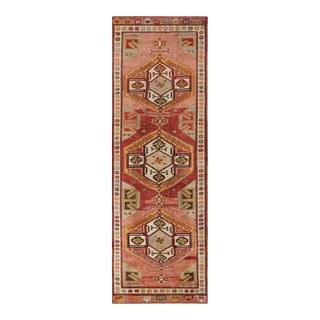 1950s Vintage Mid-Century Konya Rug Red Multicolor Geometric Runner For Sale