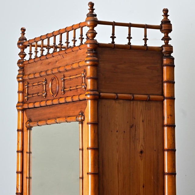 Brown French 19th Century Faux Bamboo Pine Mirror Door Armoire For Sale - Image 8 of 12
