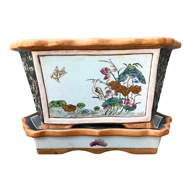 Vintage Chinoiserie Glazed Ceramic Planter For Sale