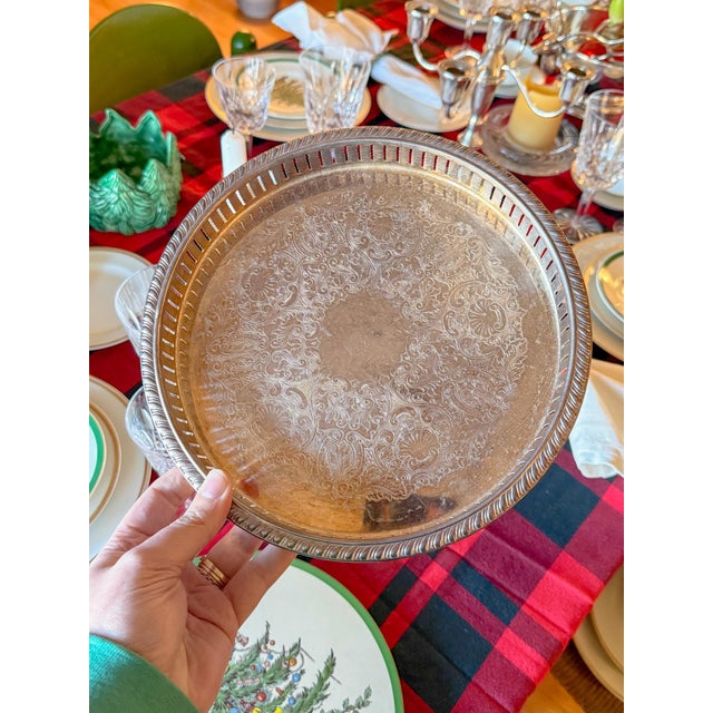 Vintage beautifully etched silver-plate gallery tray with intricate detailed interior with elaborate scrolls and...