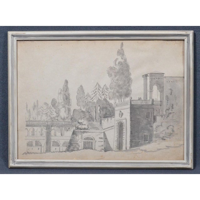 Gray Early 19th Century Constant Bourgeois Du Castelet (1767–1841) Pair of Ink Wash Drawings — Views of Palaces in the Roman Countryside For Sale - Image 8 of 17