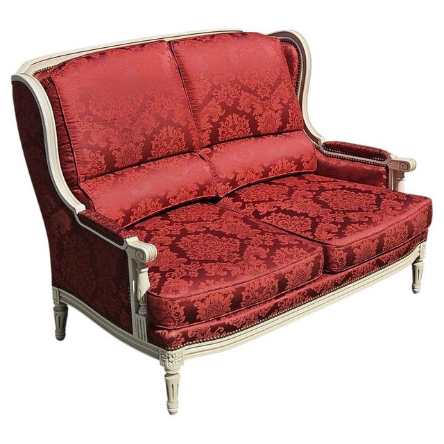 Antique Louis XVI French Damask Canape Two-Seater Settee, 1900s For Sale - Image 3 of 18