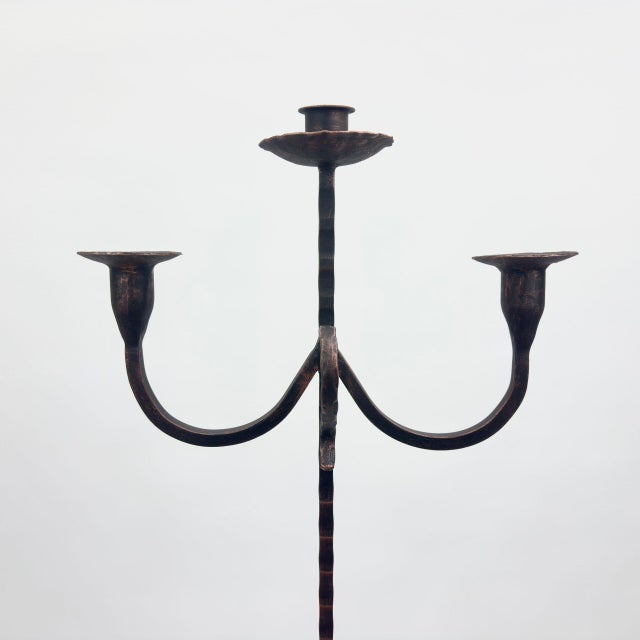 Hand Forged Iron Floor Candelabra 49″ (124cm) Antique Copper or Gold Patina 3-Arm Twist Stem Candle Holder Rustic Decor For Sale - Image 6 of 11
