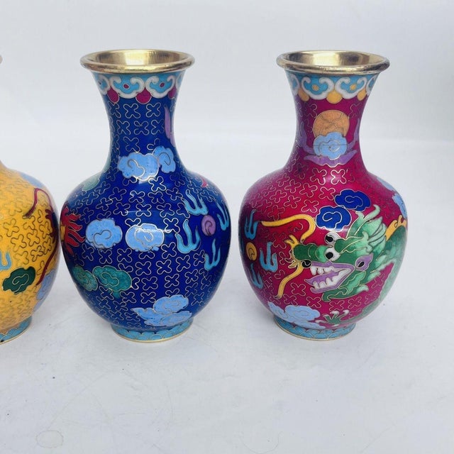 Blue Set of 4 Vintage Cloisonné Enamel Dragon Vases With Gilt Rims For Sale - Image 8 of 9