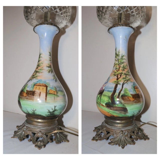 Large Antique Hand Painted Porcelain Bronze Crystal Electrified Oil Table Lamp For Sale - Image 11 of 12