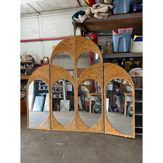 Gorgeous one of a kind rattan mirrored room divider from the 1970s Massive size with 7 feet tallest for the center and 5...