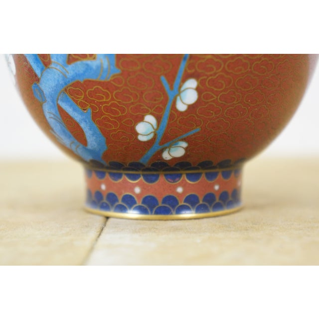 Vintage Chinese Brass Cloisonne Enamel Cherry Blossom Bud Vase Urn 6" For Sale - Image 10 of 12