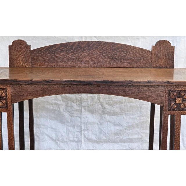 Wood Antique 1900s Arts & Crafts Tiger Oak Console Table Attributed to Liberty & Co. For Sale - Image 7 of 17