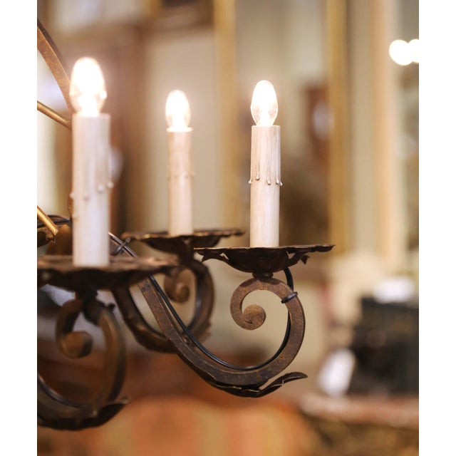 Mid Century French Louis XV Verdigris & Gilt Wrought Iron Eight-Light Chandelier For Sale - Image 9 of 10