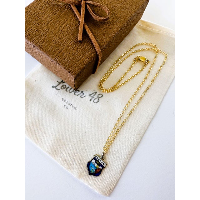 Vintage Fritz REU Sterling Silver enamel charm features Oregon, on a new 18 inch Gold Filled necklace with a Gold Filled...