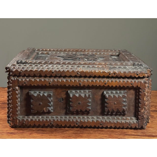 Rustic Monumental Antique Tramp Art Chip-Carved Chest With Medallion/Folk Art For Sale - Image 3 of 11