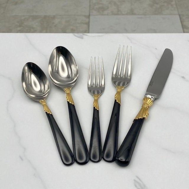 Art Deco Service for 15 - Yamazaki "Lindi" Black Handle Gold Accent 75-Pieces: 15 Place Settings With Individual Neiman Marcus Storage Pouches For Sale - Image 3 of 17