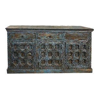 1920s Rustic Farmhouse Style Door Tv Credenza in Bold Blue 78x38 For Sale