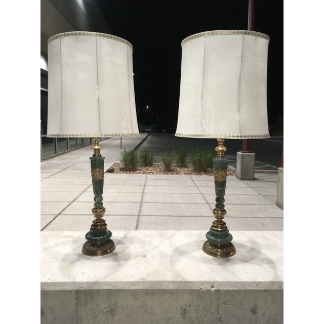 James Mont Pair of Japanese Bronze & Marble Column Table Lamps With Original Shades For Sale - Image 4 of 13