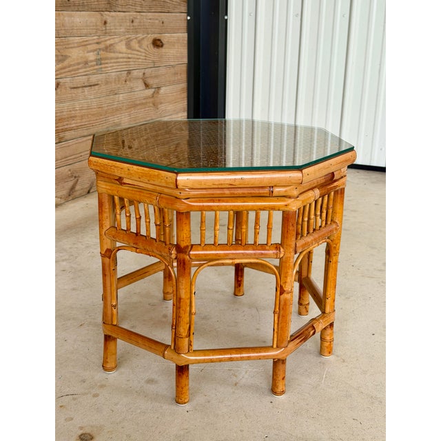 Vintage Octagonal Bamboo and Cane Side Table With Glass Top For Sale - Image 12 of 12