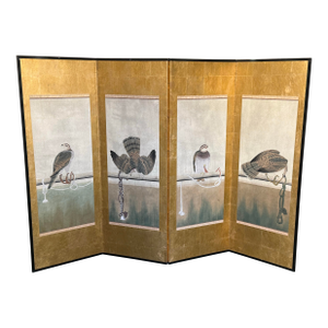 Japanese Gilded Screen With Tethered Hawks