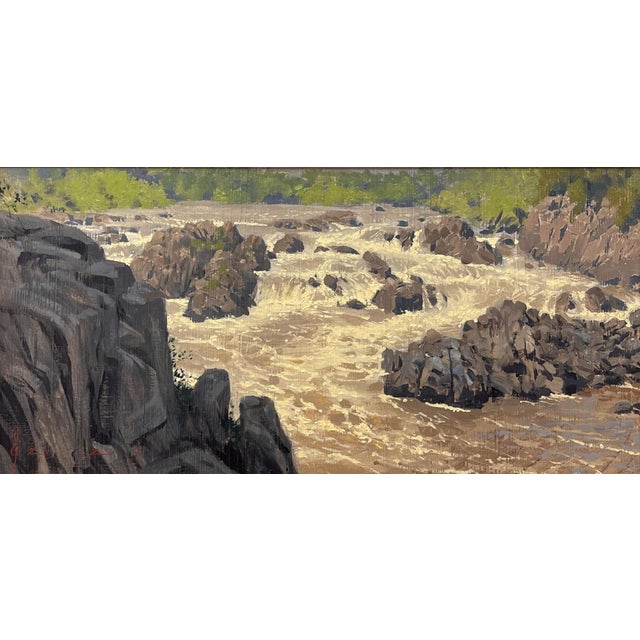 Potomac Falls by Diego Glazer | Oil on panel Landscape of rushing water and rocky riverbank. For Sale