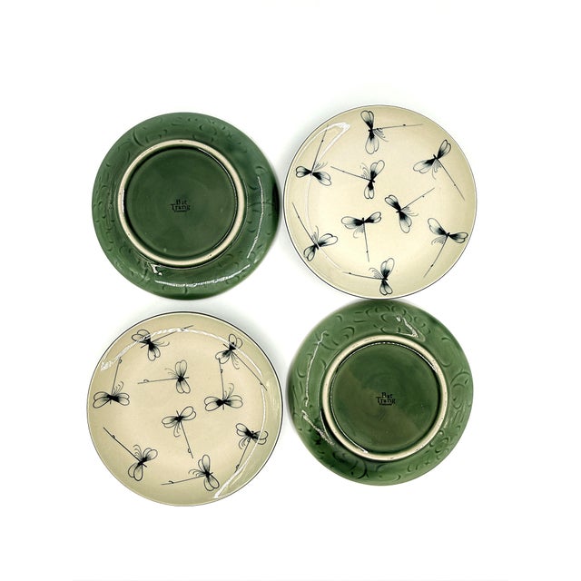 Modern Bat Trang Vietnamese Ceramic Dessert/Salad Plates With Hand Painted Dragonflies and Celadon Green Hues - Set of 4 For Sale - Image 3 of 9