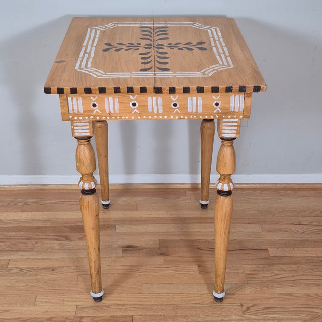 Antique Rustic Hand Painted Mustard Yellow Black & White Tall Side End Table Work Table Small Desk W/ Turned Legs For Sale In Washington DC - Image 6 of 11