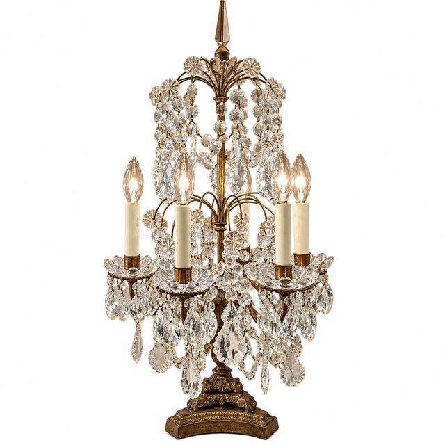 Early 20th Century X-Large Pair of Antique French Louis XVI Style Crystal Cut & Gilt Metal Girandoles/Candelabras, Baccarat Style, Table Lamps For Sale - Image 5 of 11