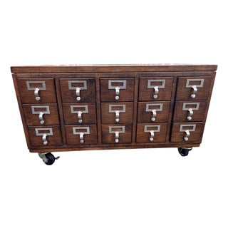 Vintage Wooden Library Card Catalog Cabinet With 15 Drawers on Casters For Sale