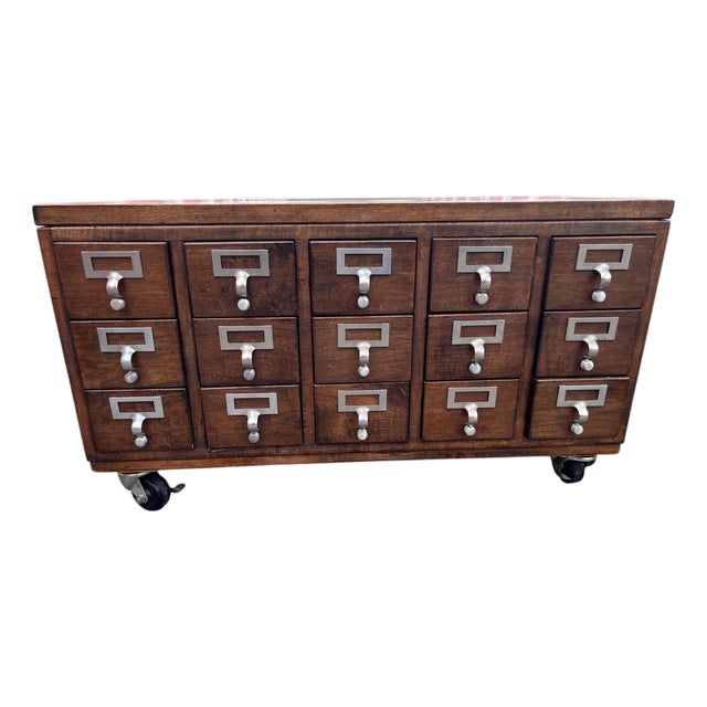 Vintage Wooden Library Card Catalog Cabinet With 15 Drawers on Casters For Sale