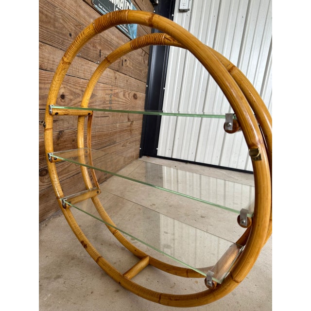 Tan Vintage Coastal Round Bent Rattan Wall Shelf With Three Glass Shelves For Sale - Image 8 of 12