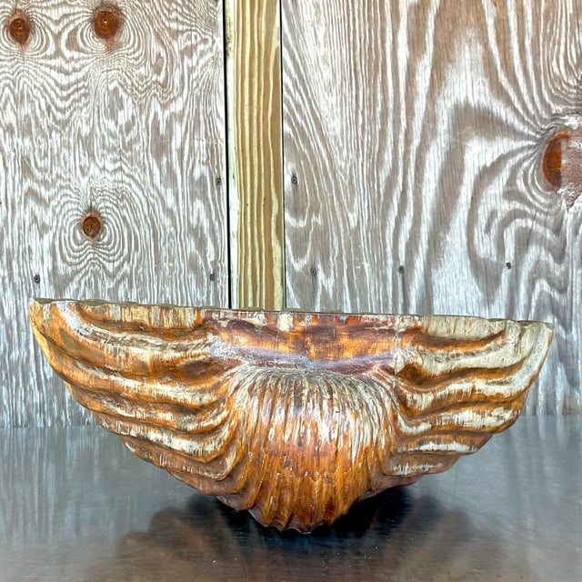 Vintage Boho Carved Wood Clam Shell For Sale - Image 4 of 12