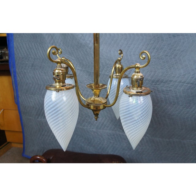 Metal Antique Victorian Hubbell Opalescent Swirl Glass 4 Light Pendant Chandelier 38" For Sale - Image 7 of 14