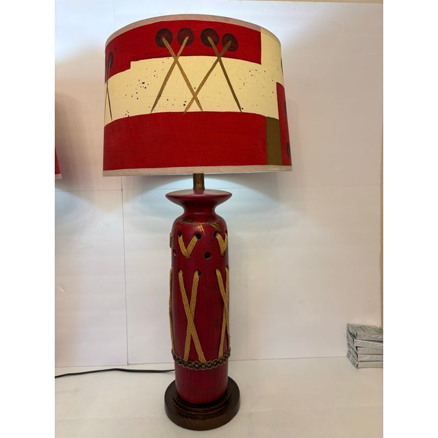 Rustic Vintage Hand-Painted Red Southwestern Ceramic Table Lamps - A Pair For Sale - Image 3 of 6