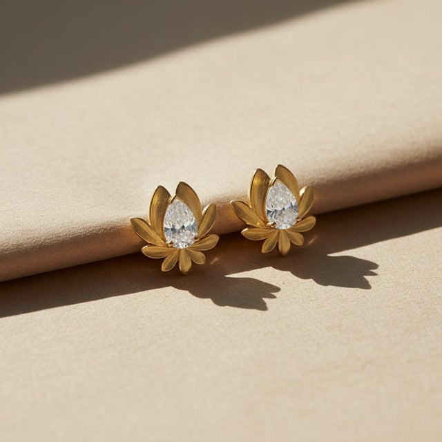Modern Pear-Cut Moissanite Lutus Flower Earrings Studs, Silver, Gold, Pair For Sale - Image 3 of 8