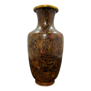 VTG 13” Chinese Cloisonné Bottle Vase Floral Peony Red Brown Enamel Brass 1950s