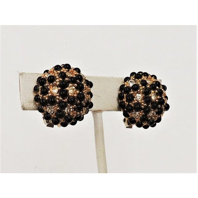 Gold Vintage 1960s Hobe Domed Faux-Onyx & Clear Rhinestone Clip Earrings - 2 Pieces For Sale - Image 8 of 9
