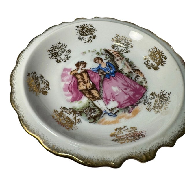 Vintage Japan Creamer and Saucer Courting Couple Victorian Scene Gold Gilt For Sale - Image 11 of 13