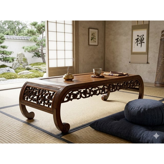 Vintage Brown Flower Open Work Apron Scroll Leg Low Kang Coffee Table Gb345 For Sale - Image 10 of 15