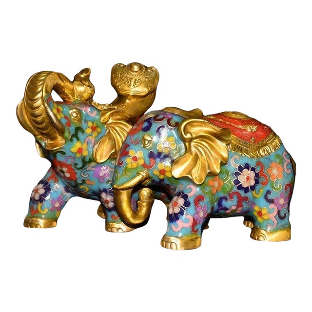 Vintage Cloisonne Enamel Elephant Pair – 6.7" Gilt Figures With Floral Motif For Sale