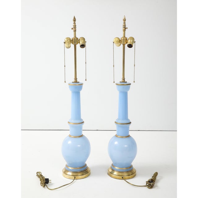 Metal Warren Kessler Blue Glass And Brass 1950's Table Lamps - A Pair For Sale - Image 7 of 12