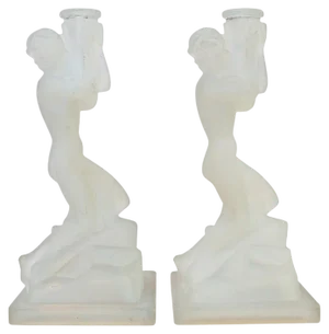 Art Deco Opalescent Glass Nude Female Candleholders by René Lalique, 1920s, Set of 2