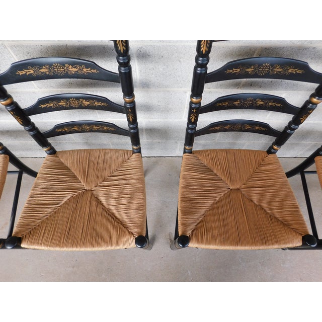 Hitchcock L Hitchcock Harvest Stenciled Black Ladder Back Rush Bottom Dining Chairs - Set of 8 For Sale - Image 4 of 18