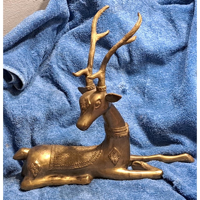 Hollywood Regency 2 Brass Ornate Large Deer Statues Figurines For Sale - Image 9 of 12