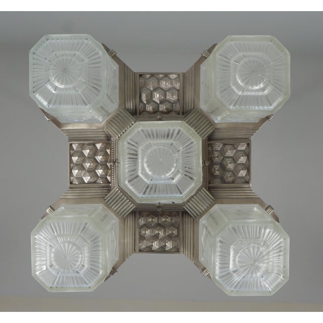 Hettier & Vincent French Art Deco Chandelier 1930s - Geometric Glass & Nickeled Bronze For Sale - Image 6 of 13