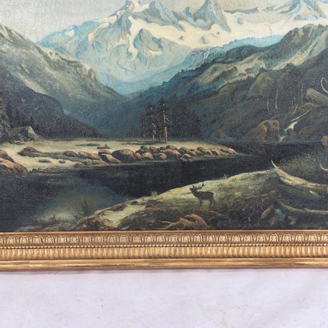 The Hudson River School Monumental Antique Hudson River School Oil on Canvas PNW River Scene C1920 For Sale - Image 3 of 8