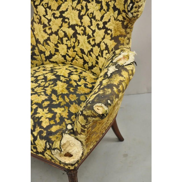 Mid 20th Century Vintage Hollywood Regency Carved Mahogany Wingback Fireside Lounge Chairs- a Pair For Sale In Philadelphia - Image 6 of 12