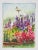 Small late 20th century watercolor on paper painting of colorful backyard garden with birdhouse and red and purple...