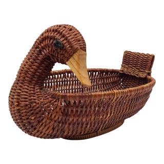 1970s Wicker Rattan and Wood Bill Duck Basket For Sale