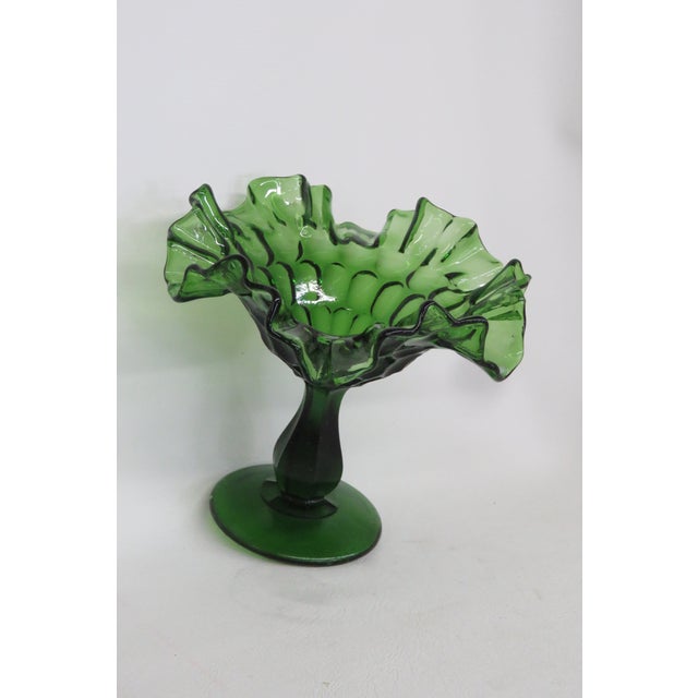Fenton Green Thumbprint Style Ruffled Pedestal Large Compote Candy Dish 4570b For Sale - Image 12 of 15